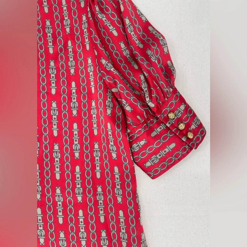 Banana Republic Red Chain Print Tie Neck Blouse